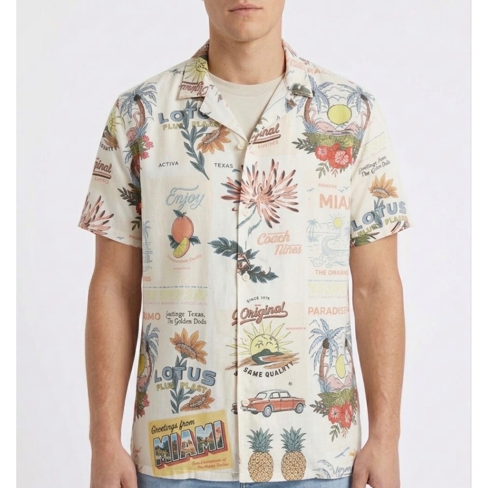 Good Vibes Clothing Co Mens Small Tropical Miami Hawaiian Postcard Button Shirt